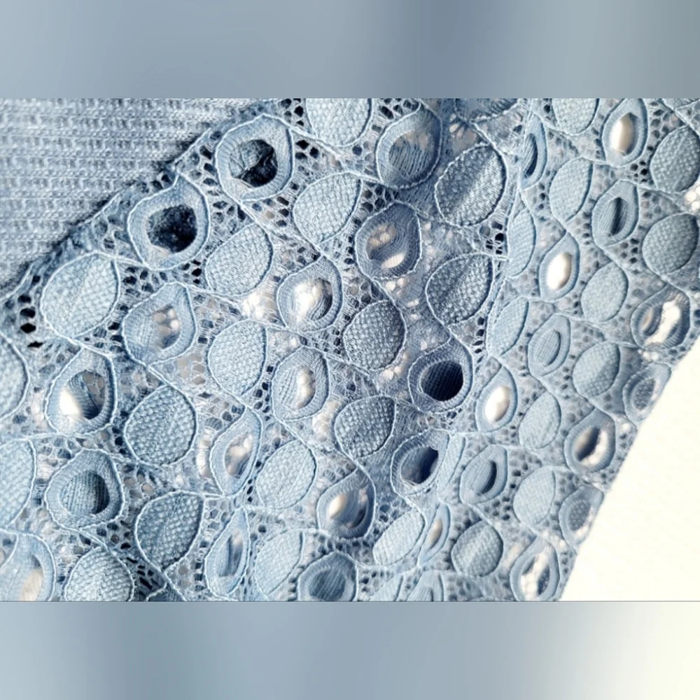 Miholl Women's Waffle Top Blouse Lace Balloon Sleeves Zip Back Blue XXL NWT